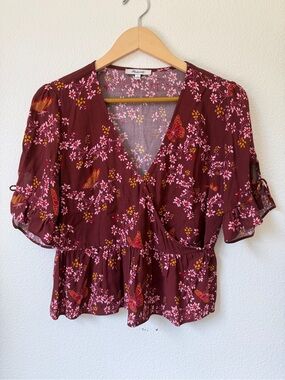Madewell Floral Wrap Peplum Blouse Burgundy Butterfly Print Size S
